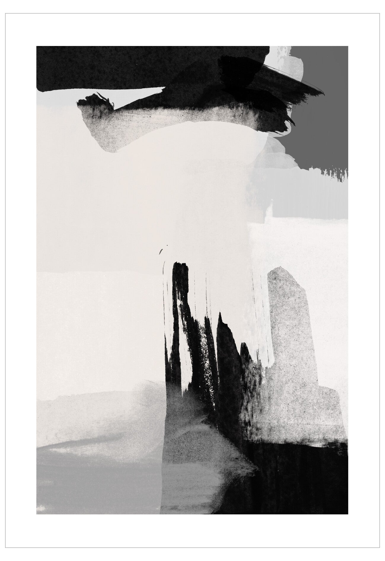 Abstract black and white art piece with watercolor textures