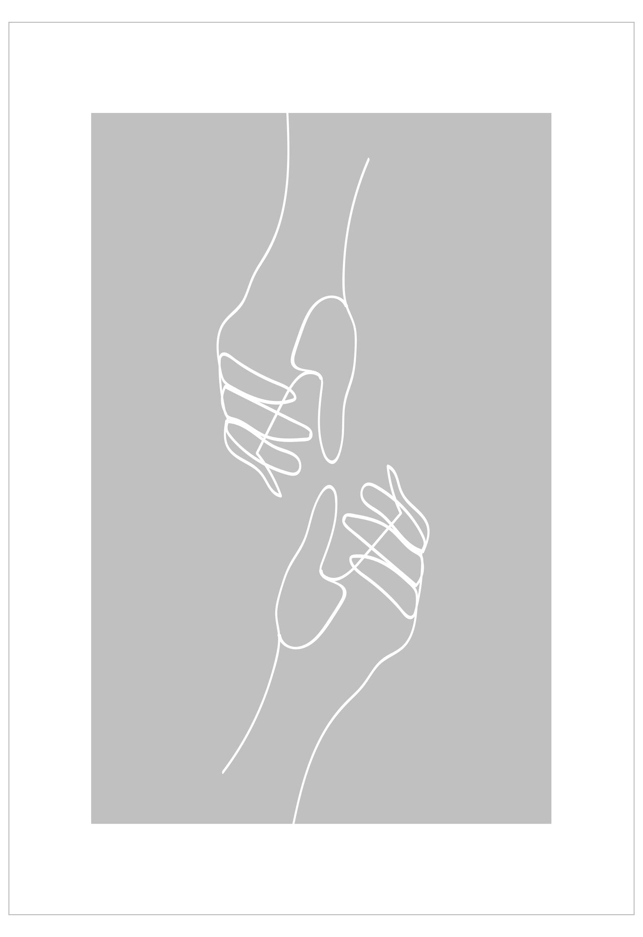 Minimalist line art of two hands on a gray background