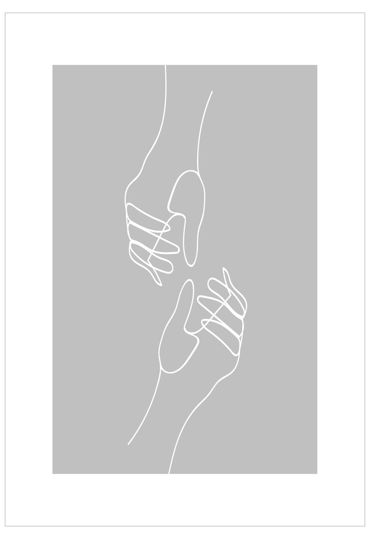 Minimalist line art of two hands on a gray background
