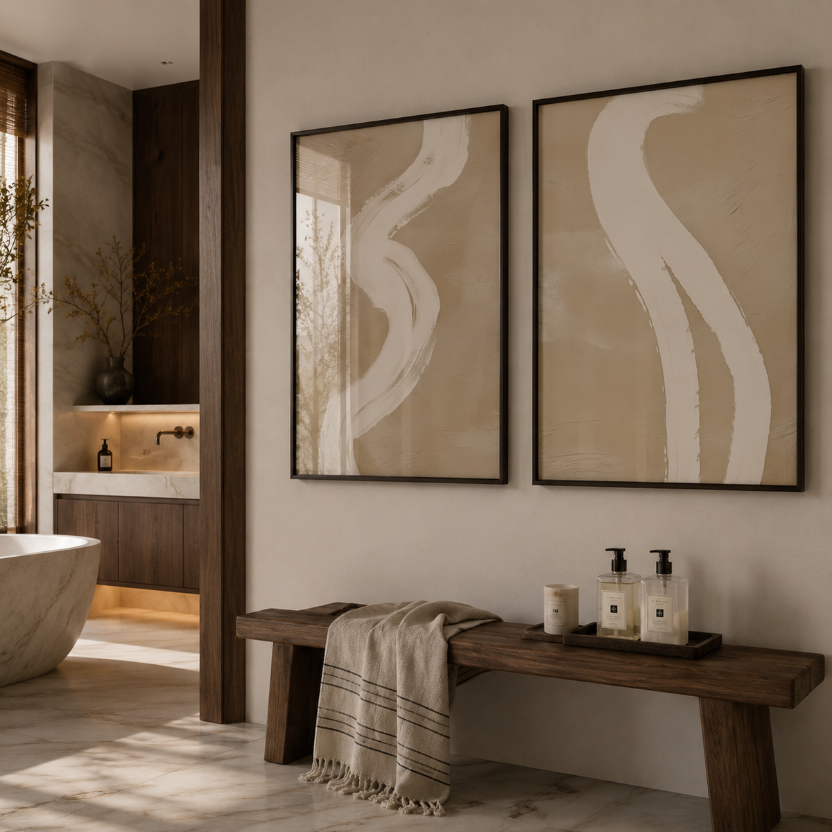 Bathroom interior with abstract wall art, wooden bench, and towels.