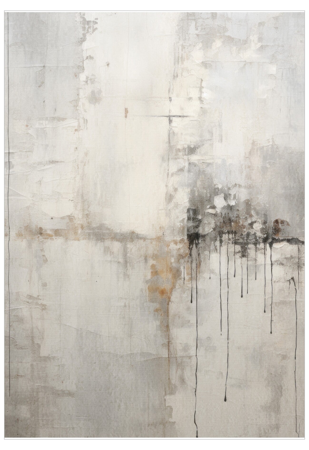Abstract art piece with a mix of white, gray, and black colors on a textured surface.