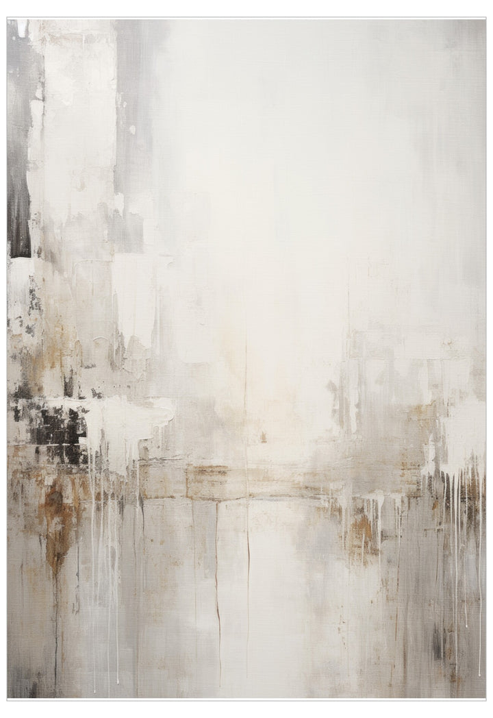 Abstract art with a mix of white, gray, and brown tones on a textured surface.