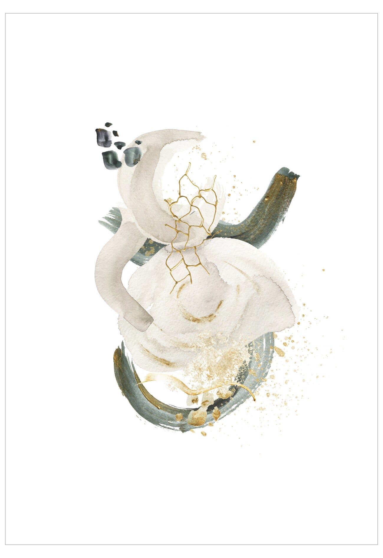 Decorative design with white flowers, green leaves, and a horseshoe on a white background