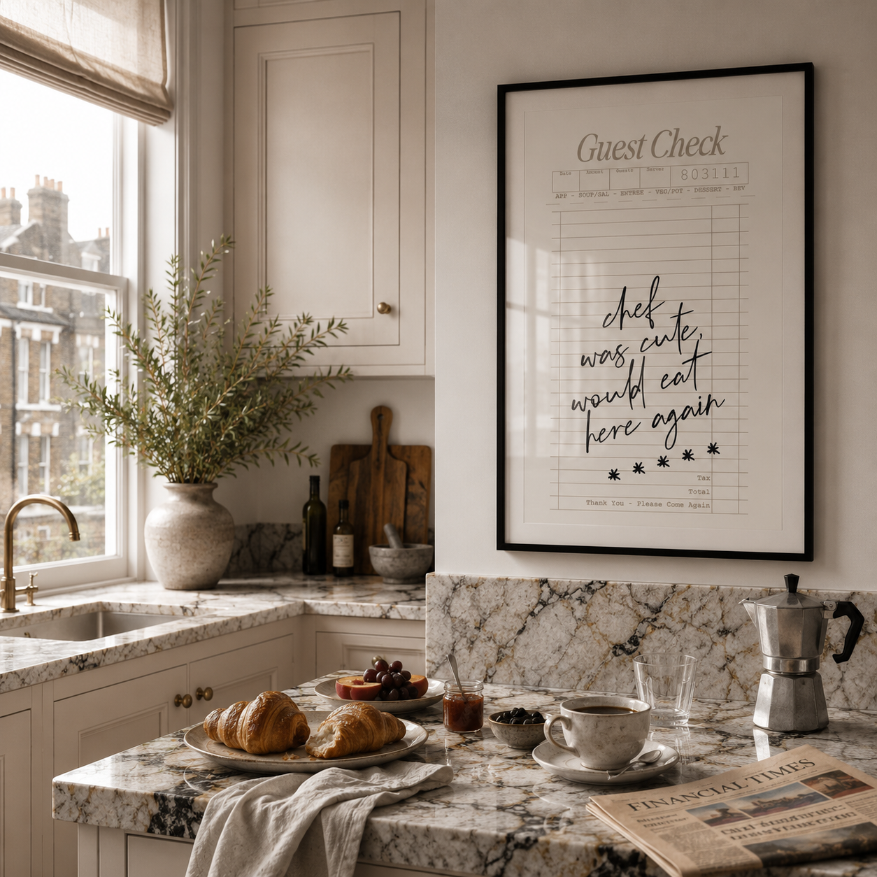 Kitchen with marble countertop, coffee maker, and framed print on wall