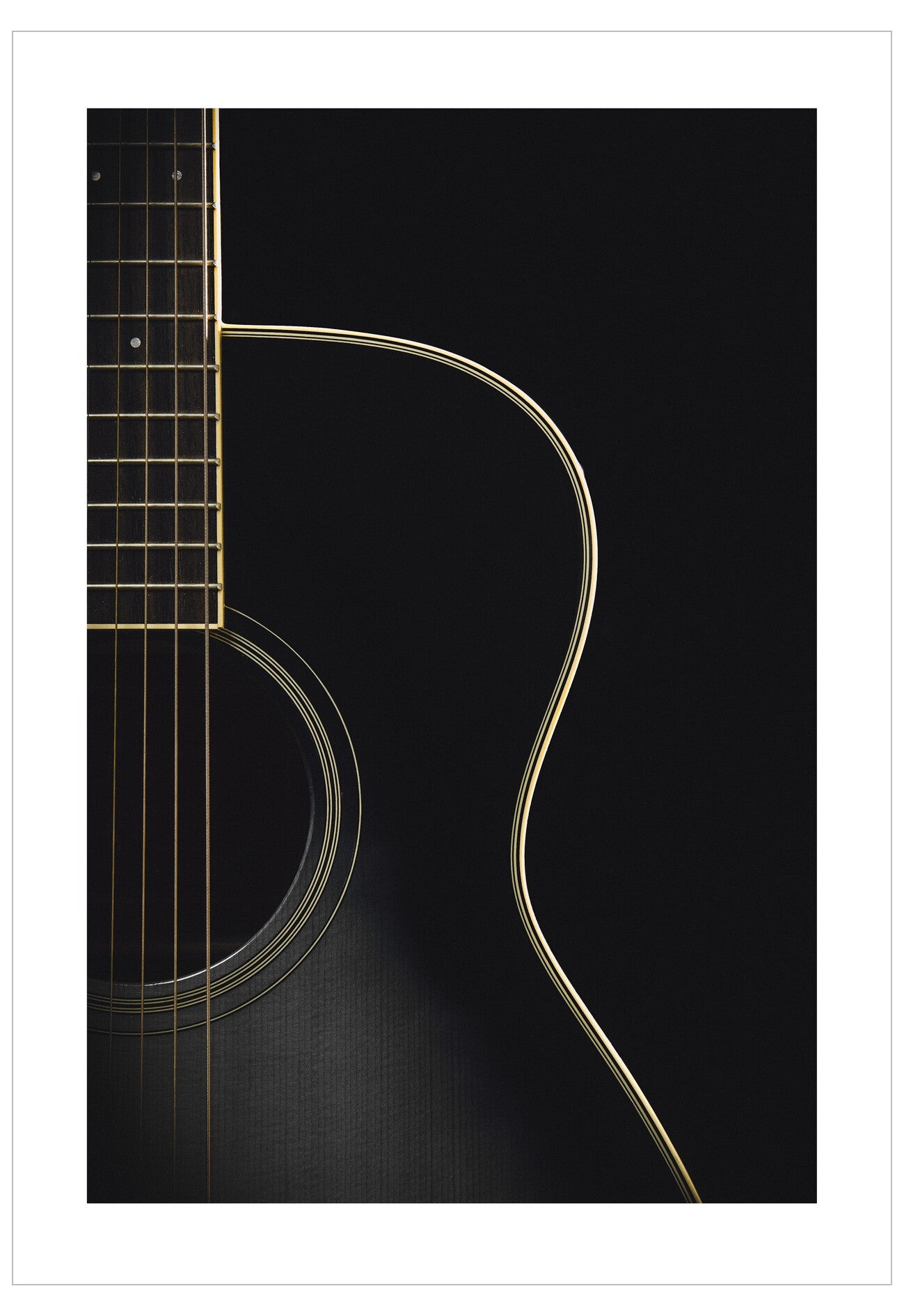 Close-up of a guitar's neck and body on a black background