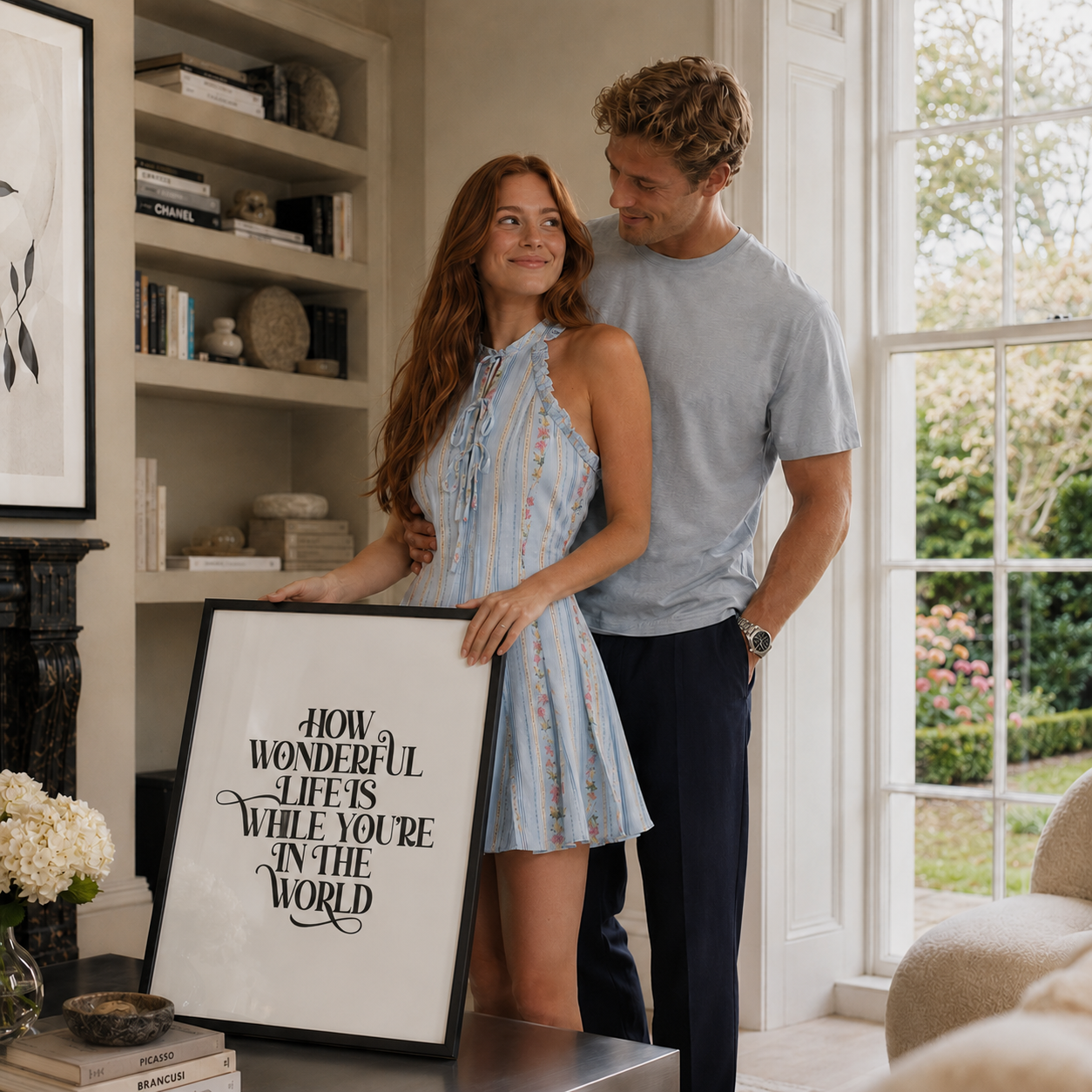 A couple stands in a bright, modern living room holding a large framed art print. The print features the quote 'HOW WONDERFUL LIFE IS WHILE YOU'RE IN THE WORLD' in black script on a white background.