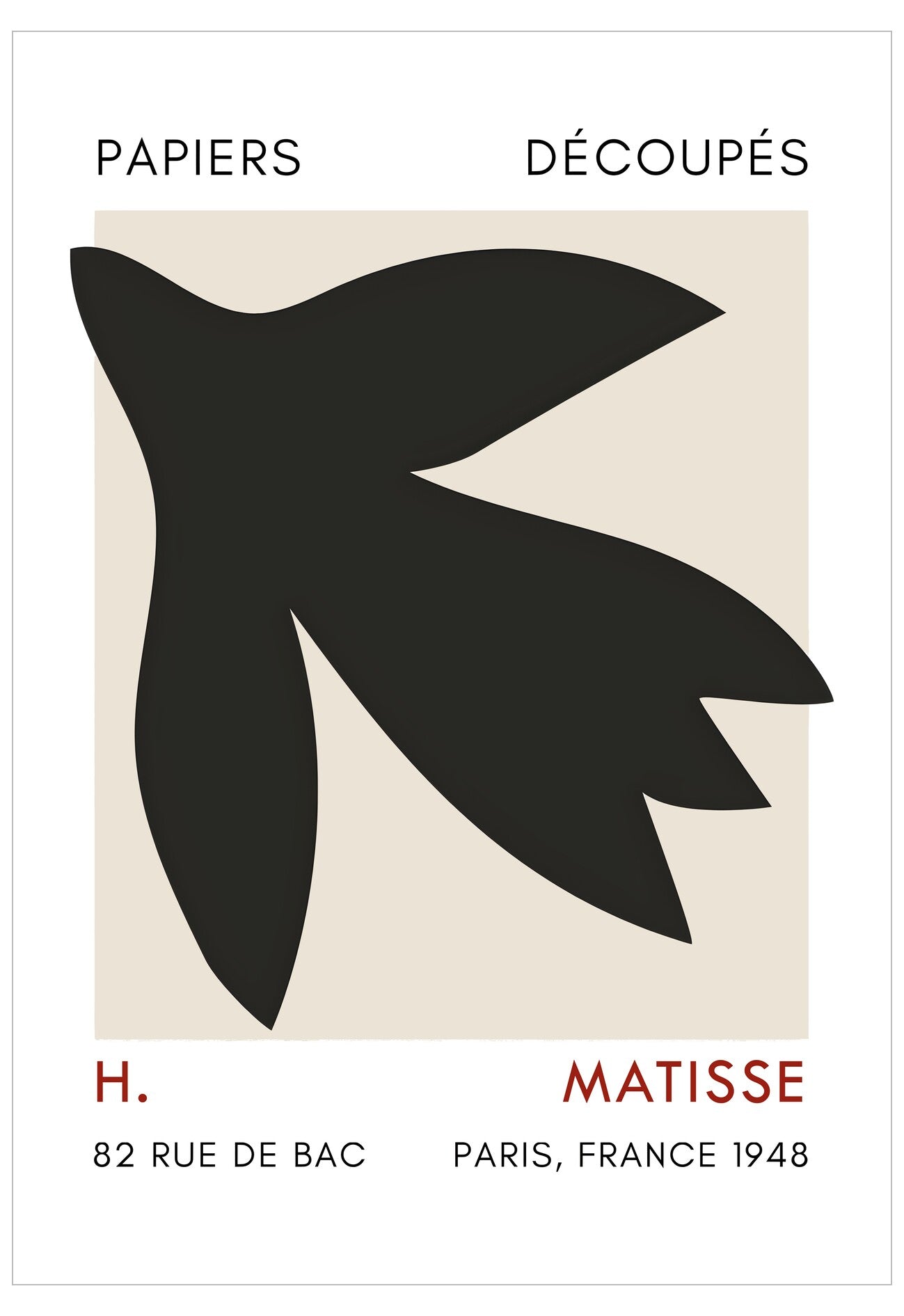 Abstract black leaf design on a beige background with Matisse's name and address.