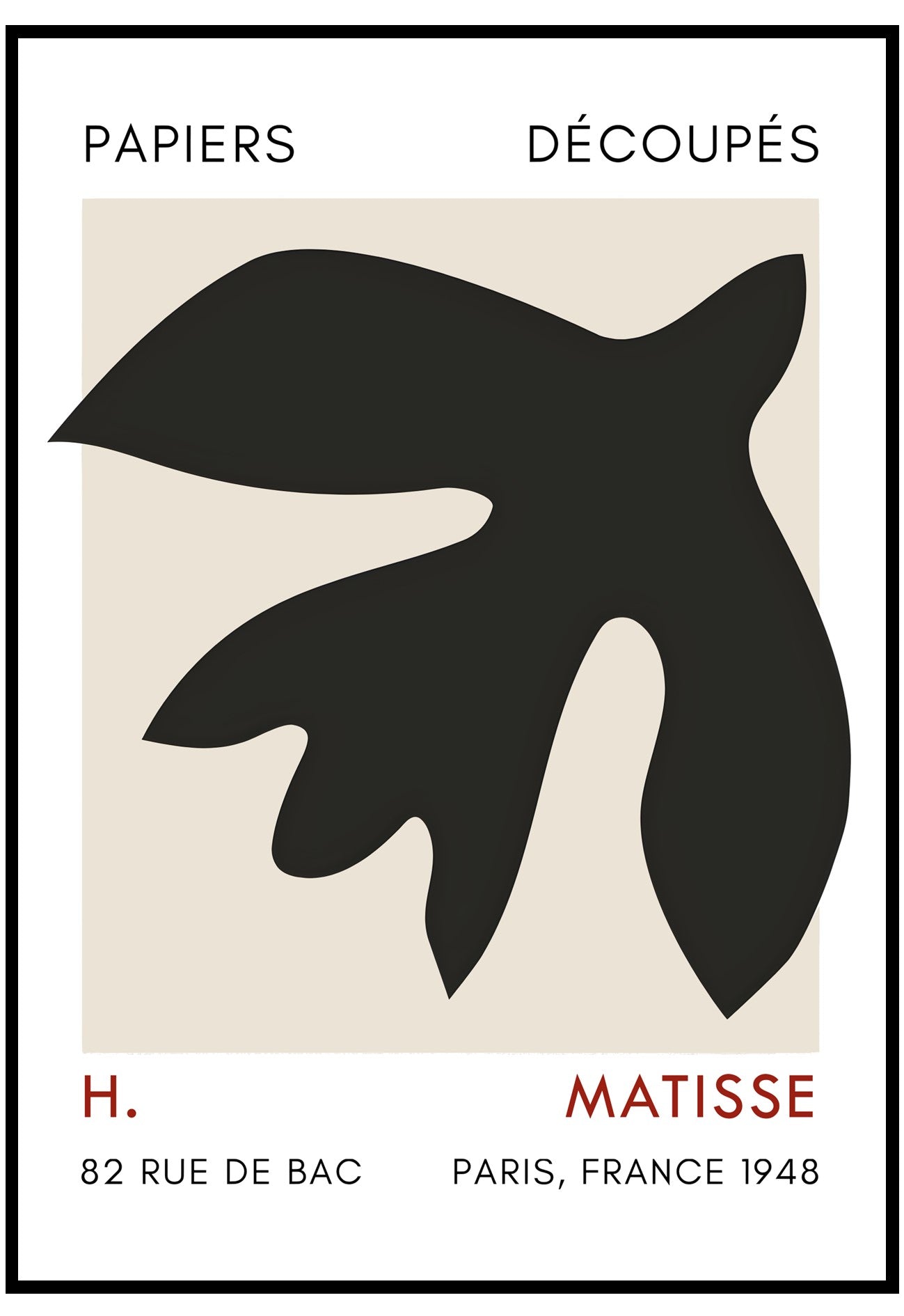 Abstract black leaf-like shape on a beige background with Matisse's name and address.