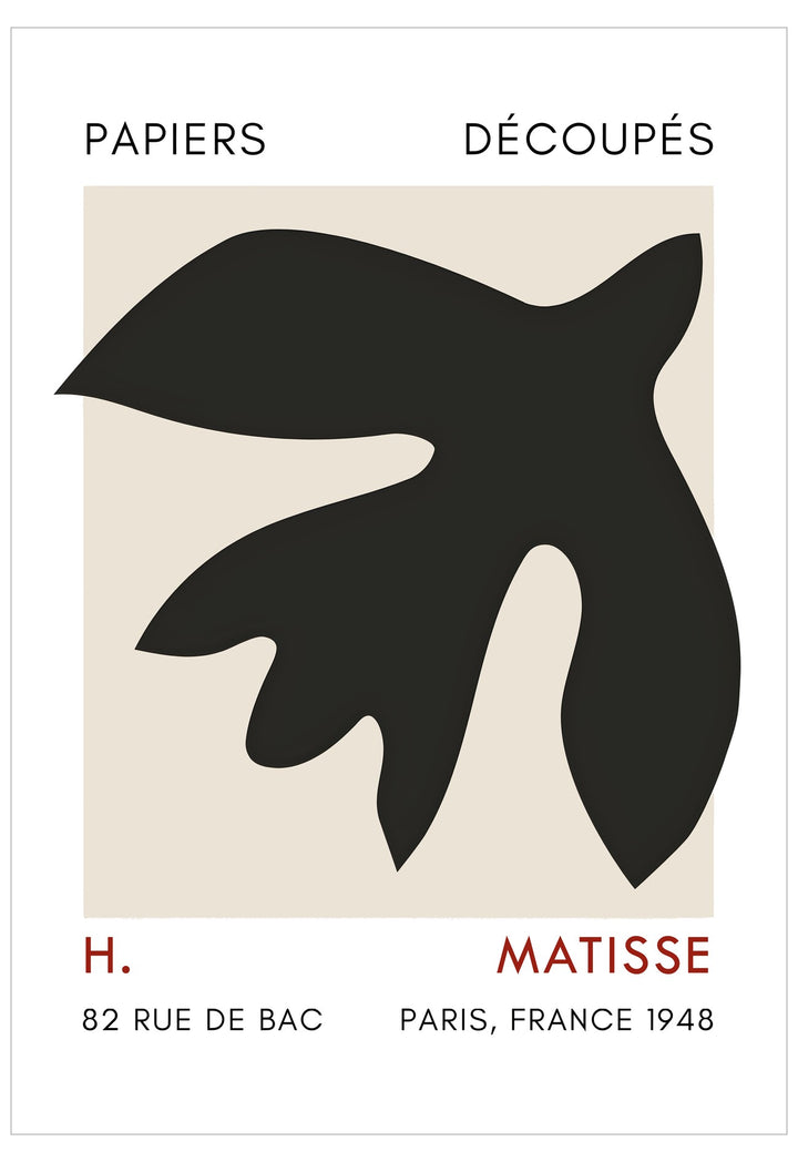 Abstract black leaf-like shape on a beige background with Matisse's name and address.