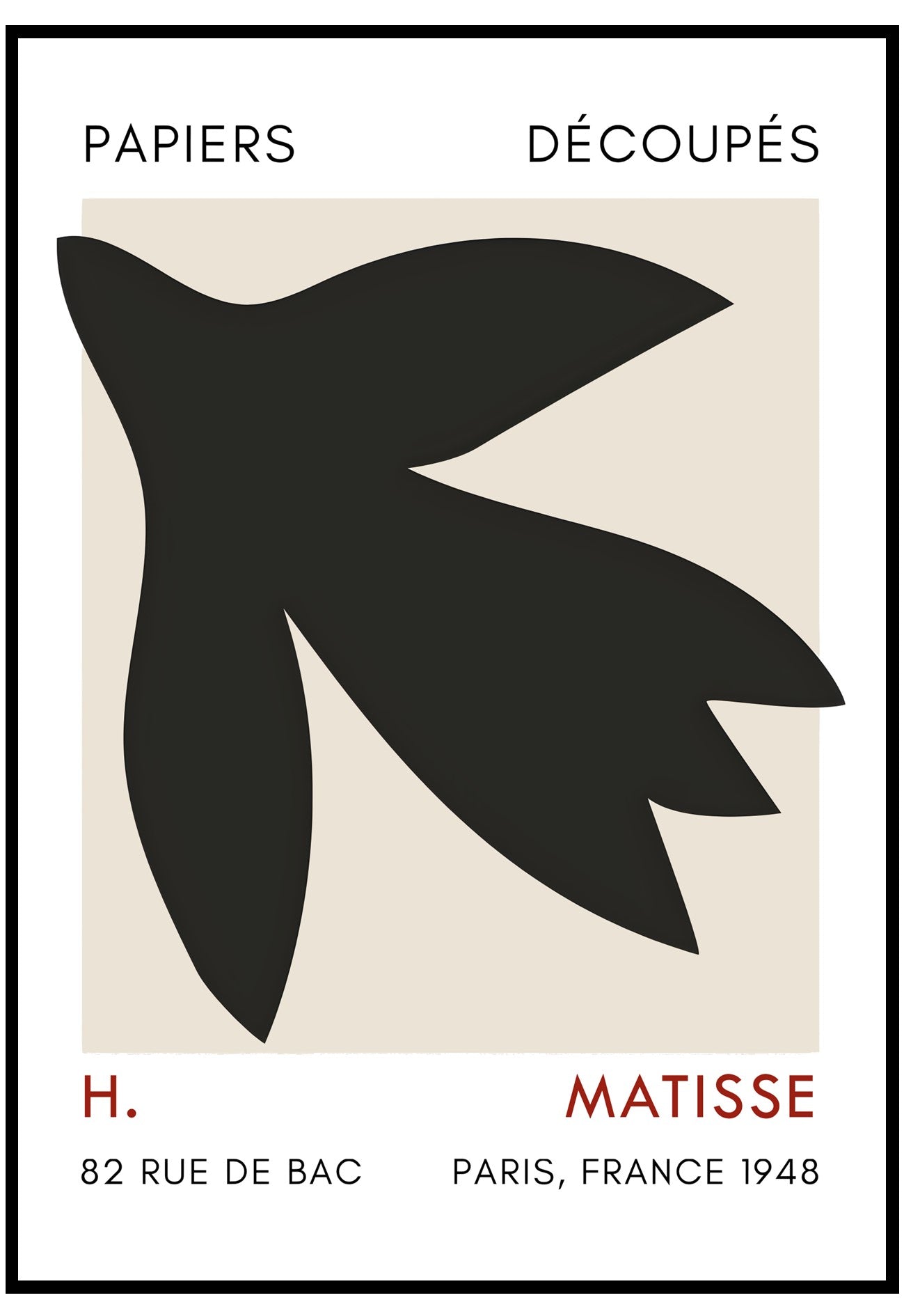 Artistic poster with a black abstract bird design on a beige background, featuring Matisse's name and address.