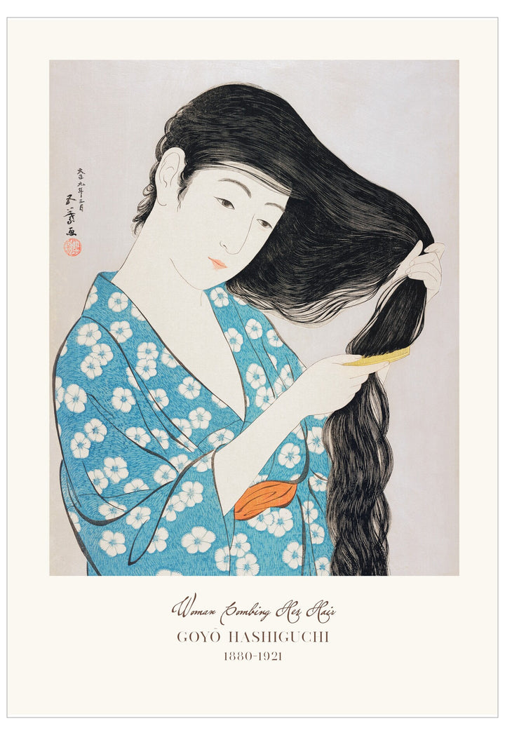 Traditional Japanese artwork of a woman combing her hair, featuring a blue kimono with white floral patterns.
