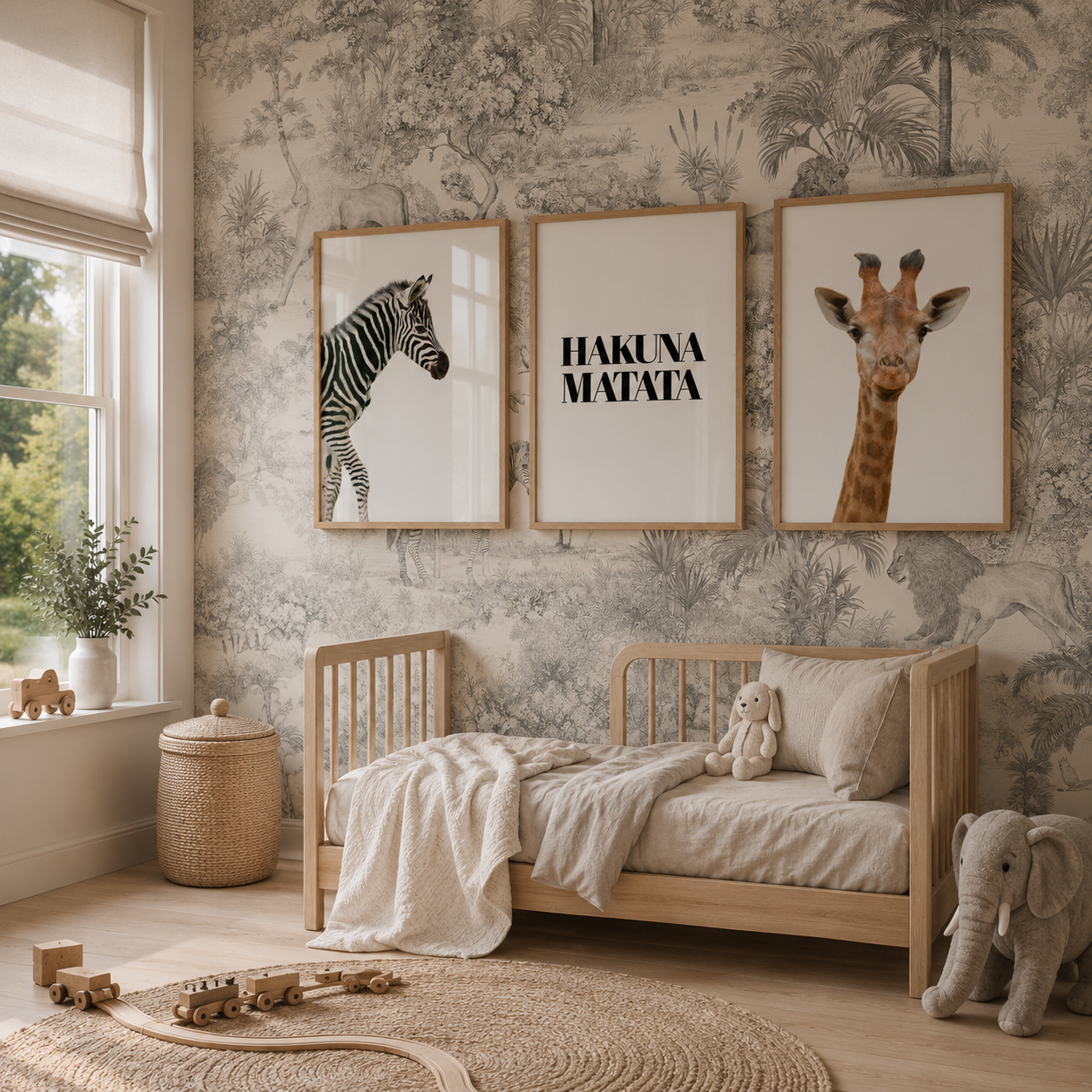 A styled children's bedroom featuring three framed wall art prints above a light wood bed: a zebra print, a central text print reading 'HAKUNA MATATA', and a giraffe print. The room has botanical wallpaper, a window, toys, and a woven elephant figure.