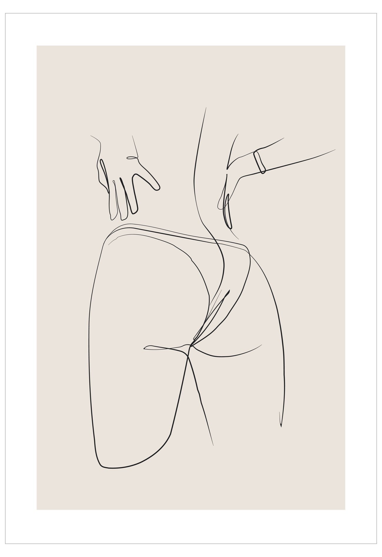 Minimalist line art of a person sitting with hands on knees on a beige background