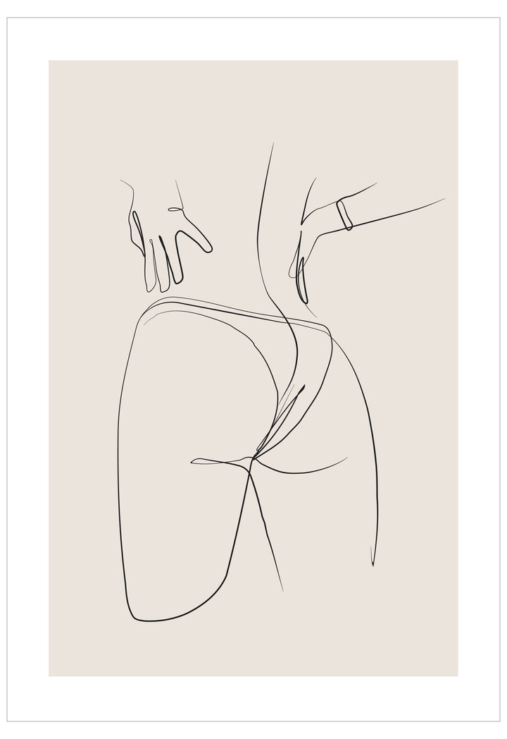Minimalist line art of a person sitting with hands on knees on a beige background