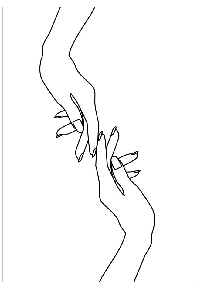 Line art of two hands with a flower, on a white background
