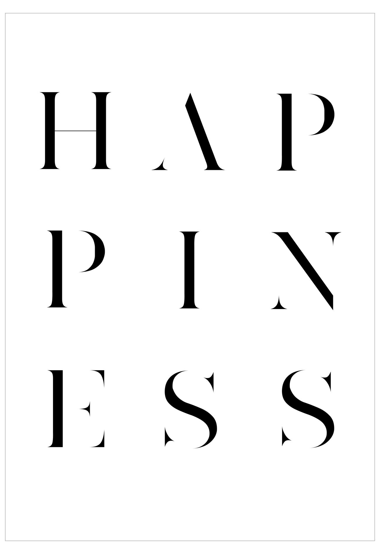 Black text spelling 'HAPPINESS' on a white background