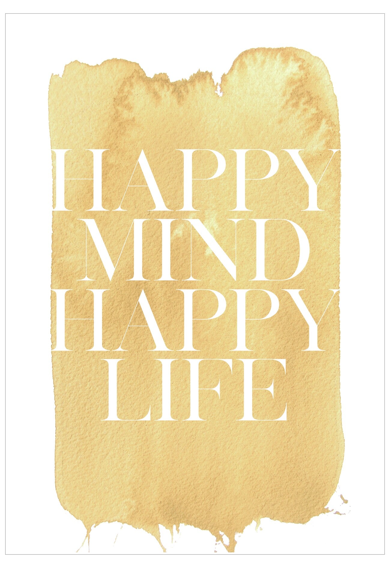 Motivational poster with 'Happy Mind Happy Life' text on a yellow watercolor background