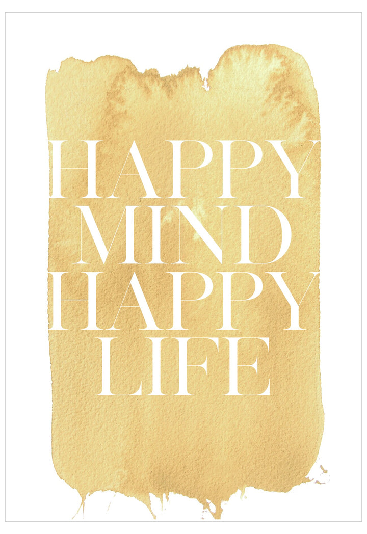 Motivational poster with 'Happy Mind Happy Life' text on a yellow watercolor background