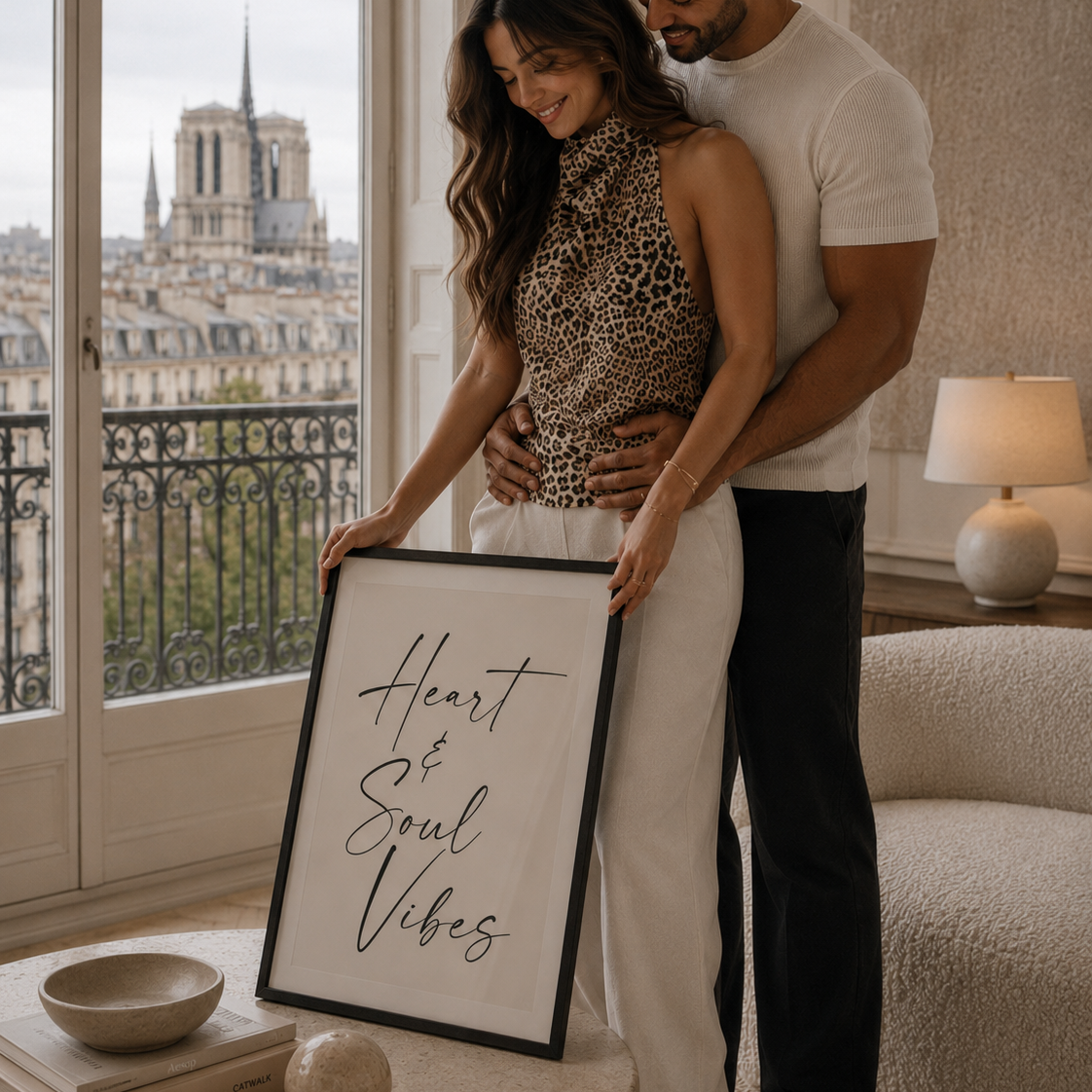 Couple holding a framed sign with 'Heart & Soul Vibes' in a stylish room with a cityscape view.
