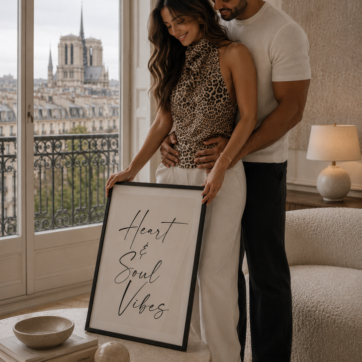 Couple holding a framed sign with 'Heart & Soul Vibes' in a stylish room with a cityscape view.