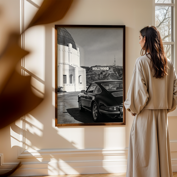 Classic porsche car outside Griffith Observatory in Hollywood poster