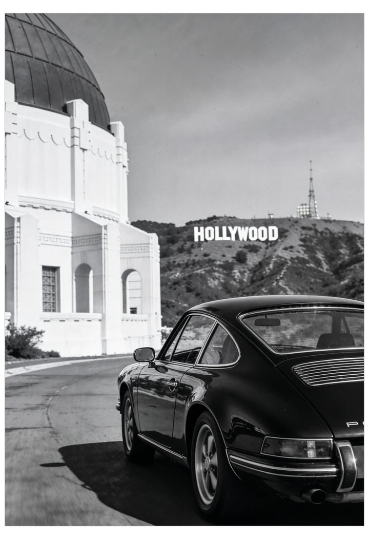 Classic porsche car outside Griffith Observatory in Hollywood poster