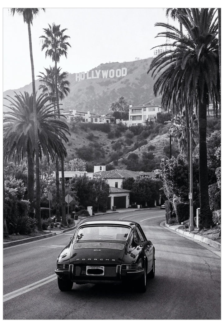 Poster of classic porsche driving through the hollywood hills