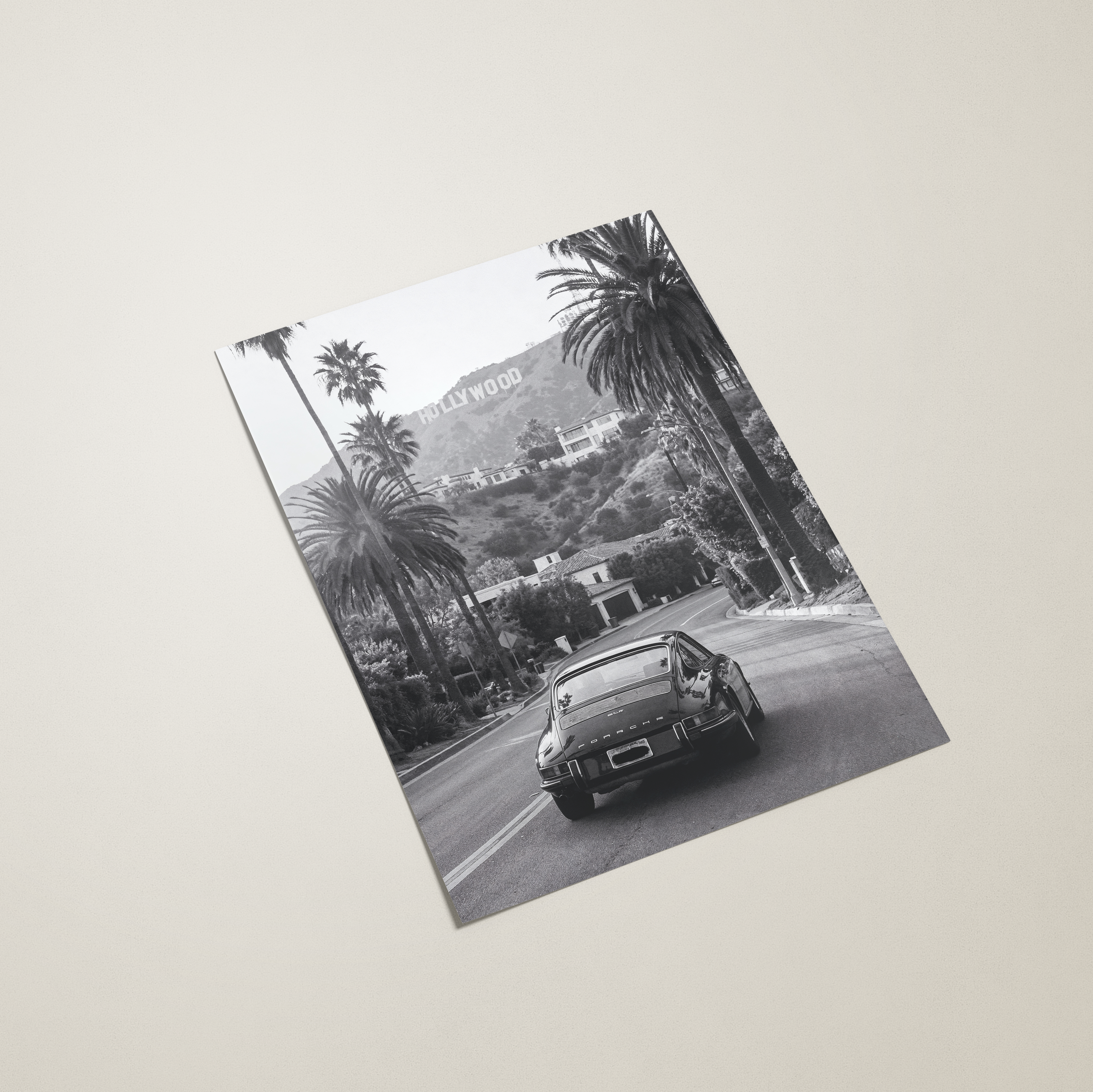 Poster of classic porsche driving through the hollywood hills