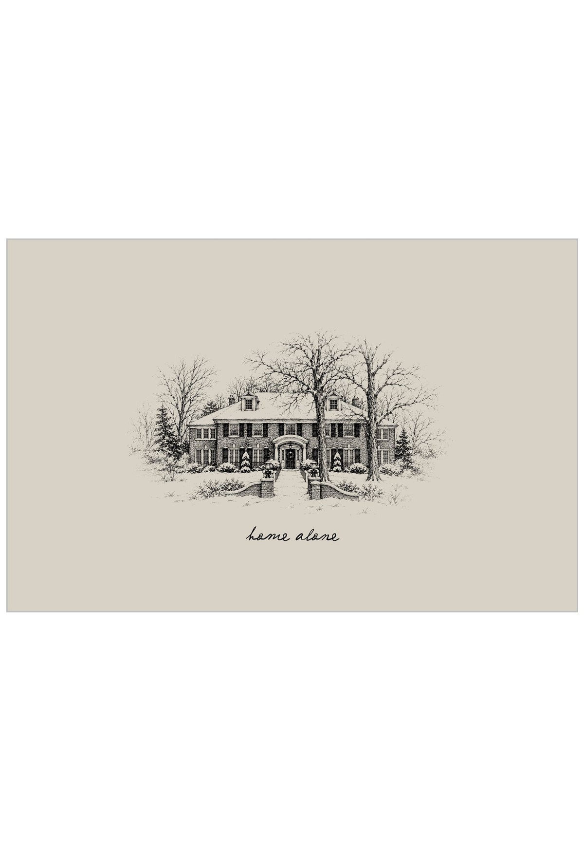 Hand-drawn illustration style wall art of the iconic Home Alone house, rendered in a charming, nostalgic style that captures the warmth and whimsy of the beloved film. 