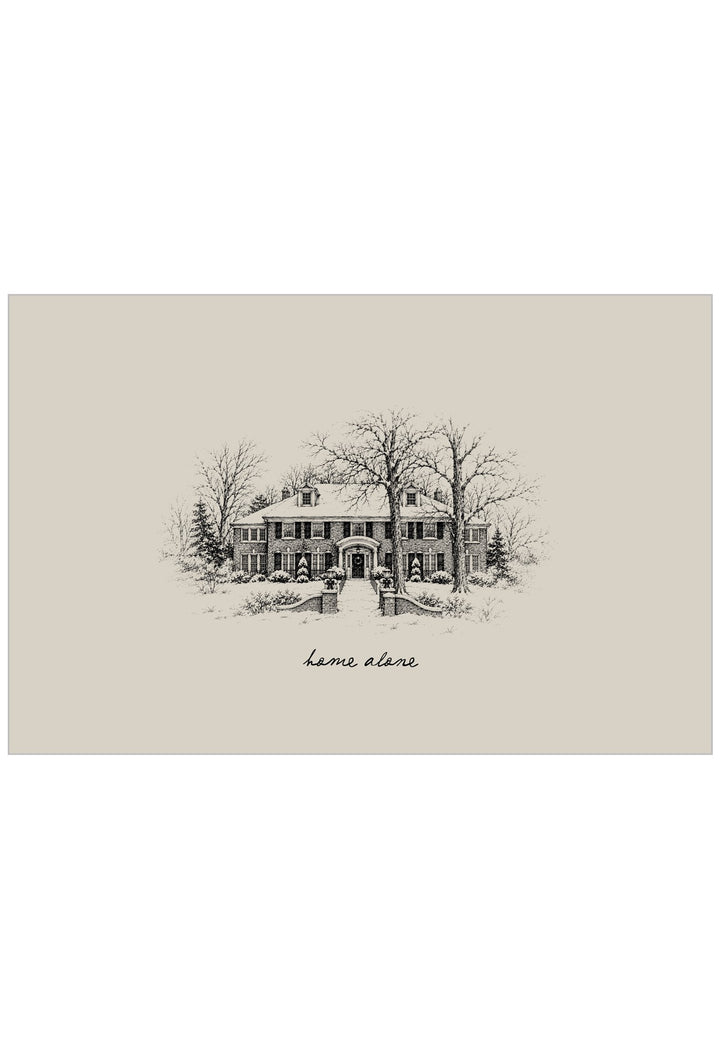 Hand-drawn illustration style wall art of the iconic Home Alone house, rendered in a charming, nostalgic style that captures the warmth and whimsy of the beloved film. 