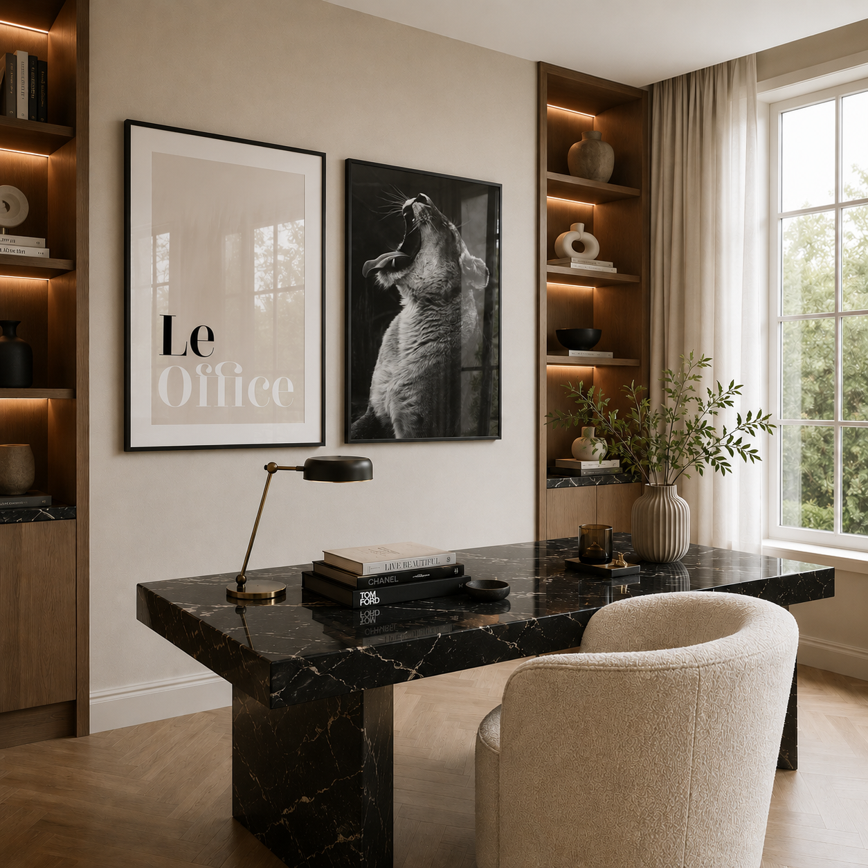 Modern home office with marble desk, armchair, and wall art.