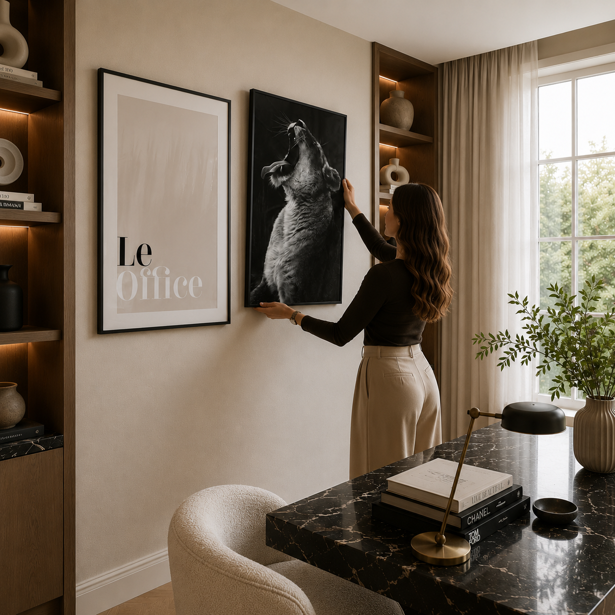 Woman hanging a framed picture of a wolf in a stylish room with decor elements.