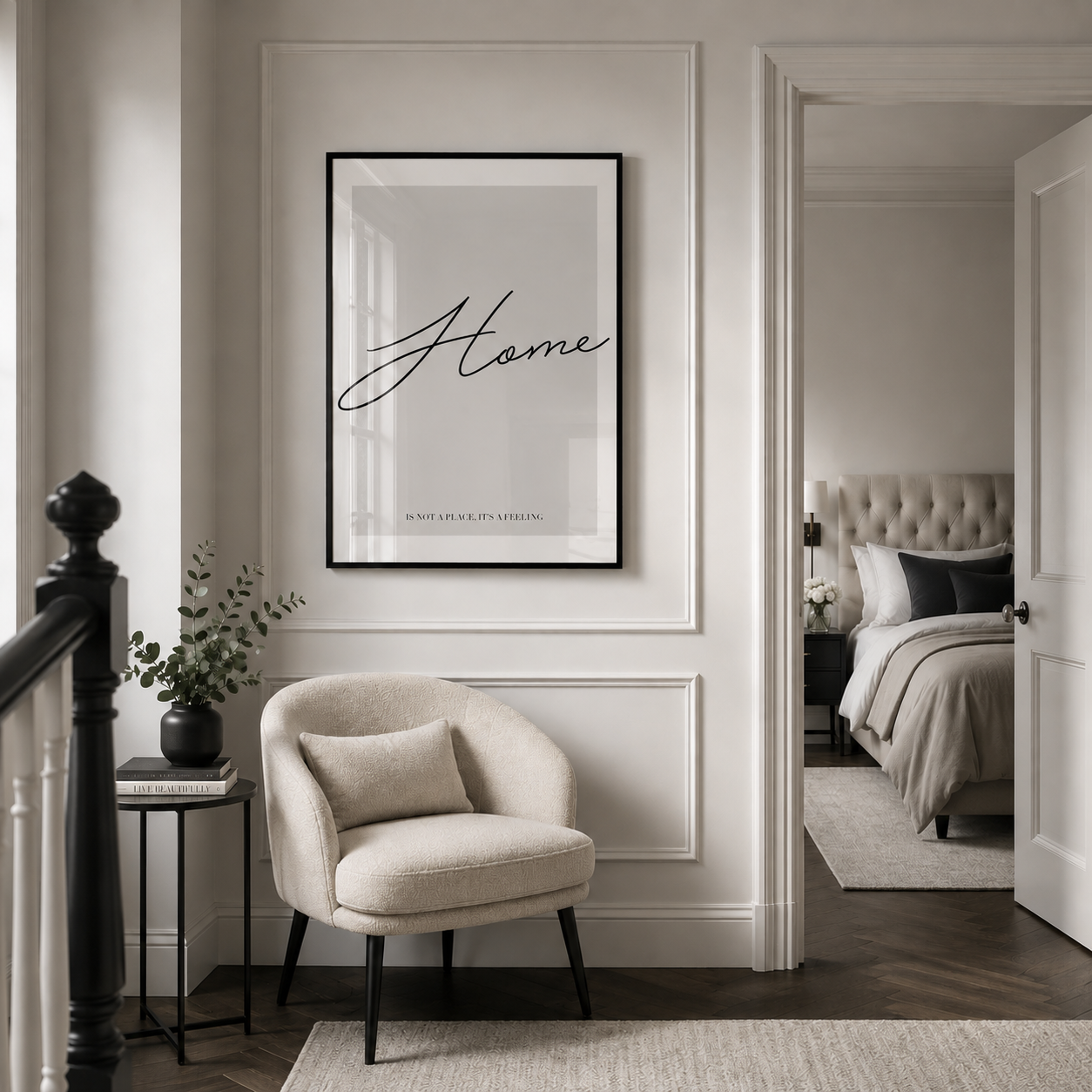 Neatly decorated room with a chair, plant, and framed 'Home' poster.