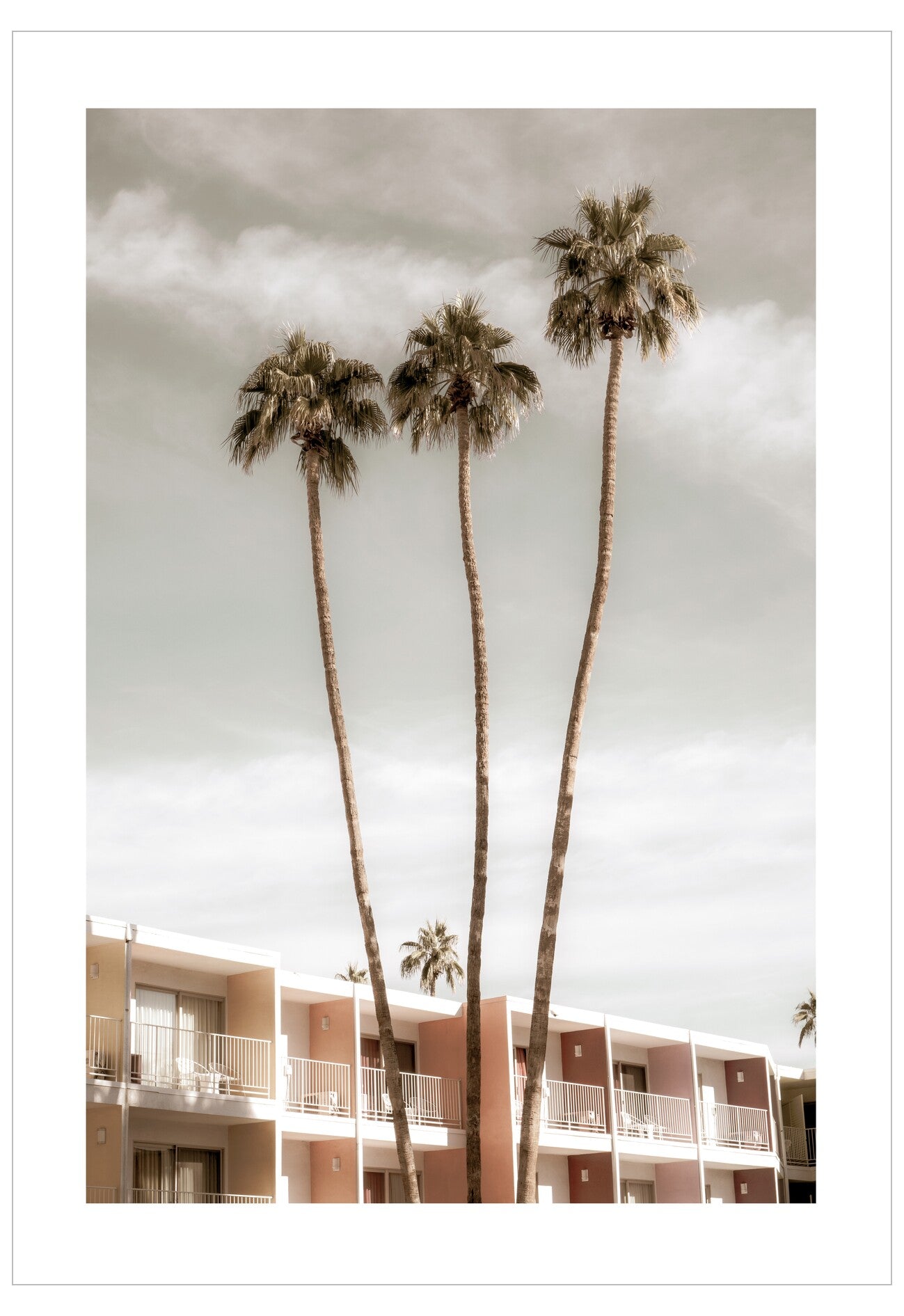 Three palm trees in front of a building with balconies under a cloudy sky.