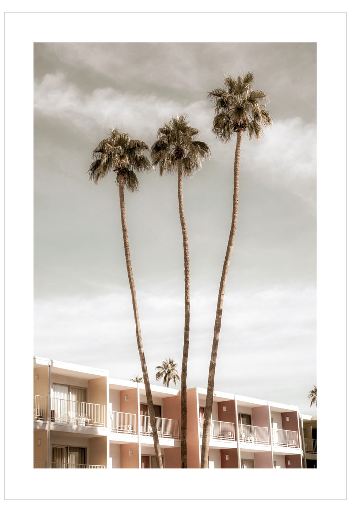 Three palm trees in front of a building with balconies under a cloudy sky.