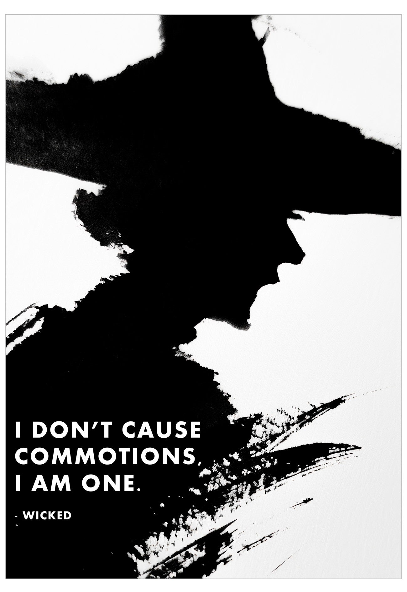 Black and white abstract Wicked Movie design with text overlay on a white background