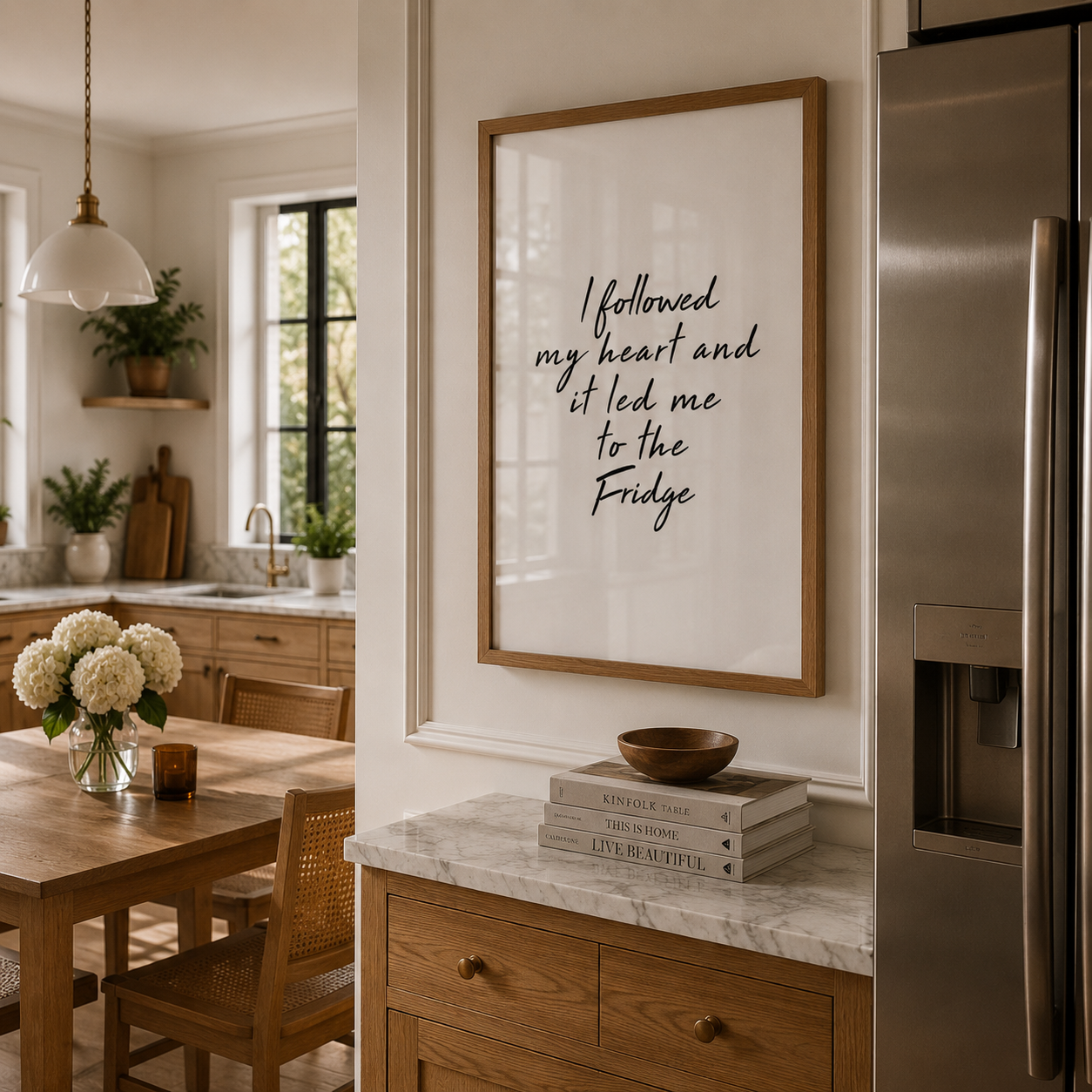 Modern kitchen with a framed quote on the wall, wooden dining table, and stainless steel refrigerator.