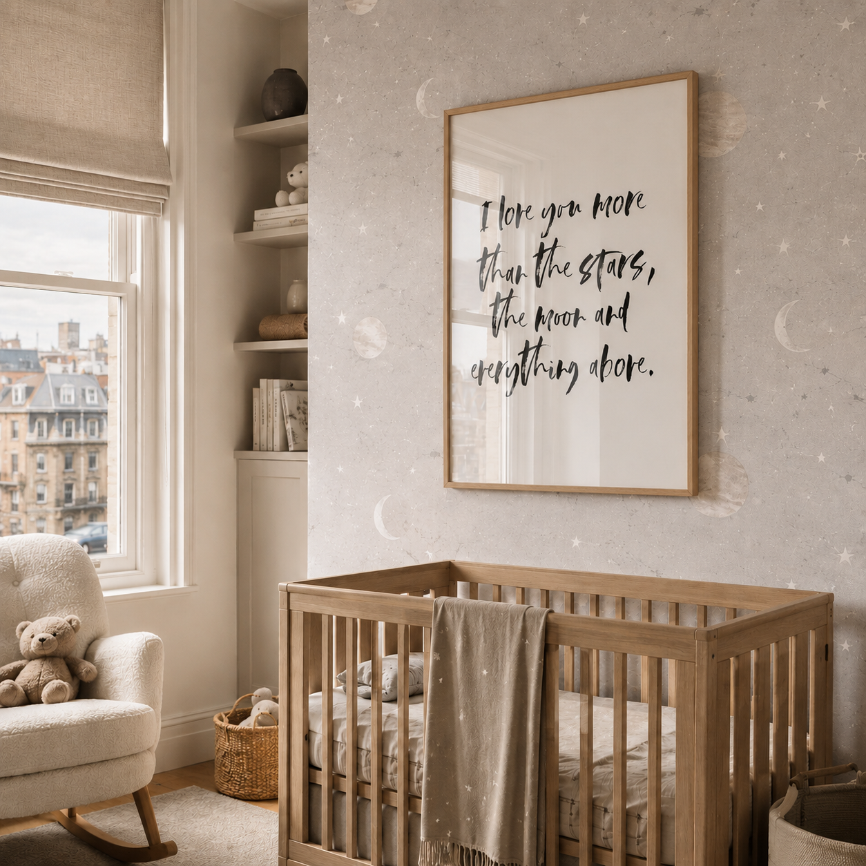 Nursery room with wooden crib, teddy bear, and framed quote on wall.