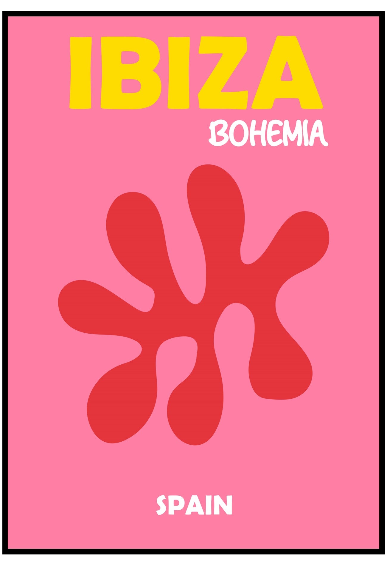 Poster with 'IBIZA BOHEMIA' and a red abstract design on a pink background