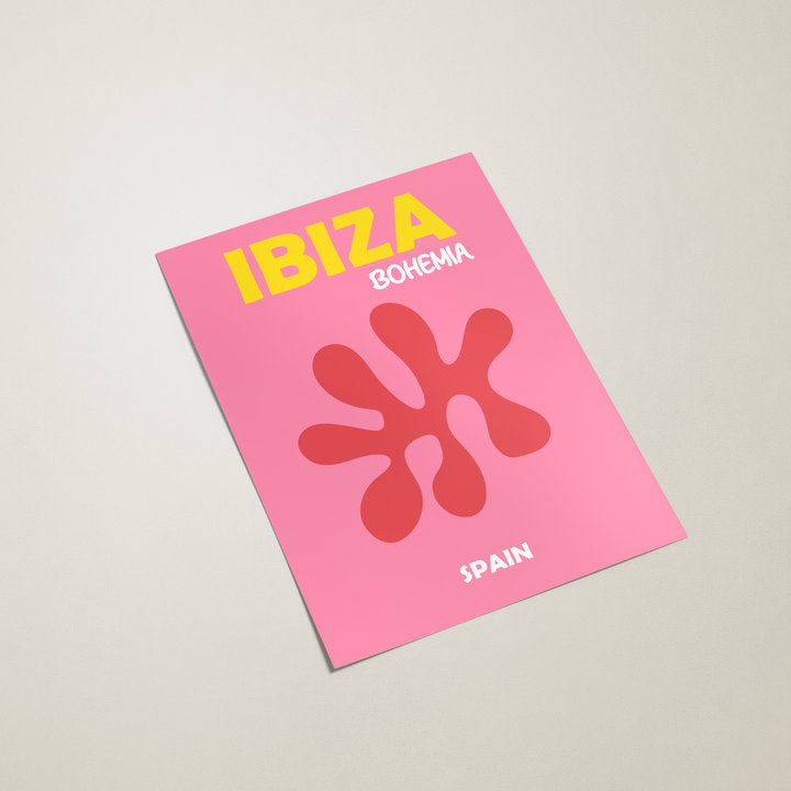 Pink poster with 'Ibiza Bonanza Spain' text on a light gray background