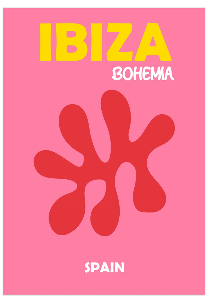Poster with 'Ibiza Bohemia' text and red abstract design on a pink background