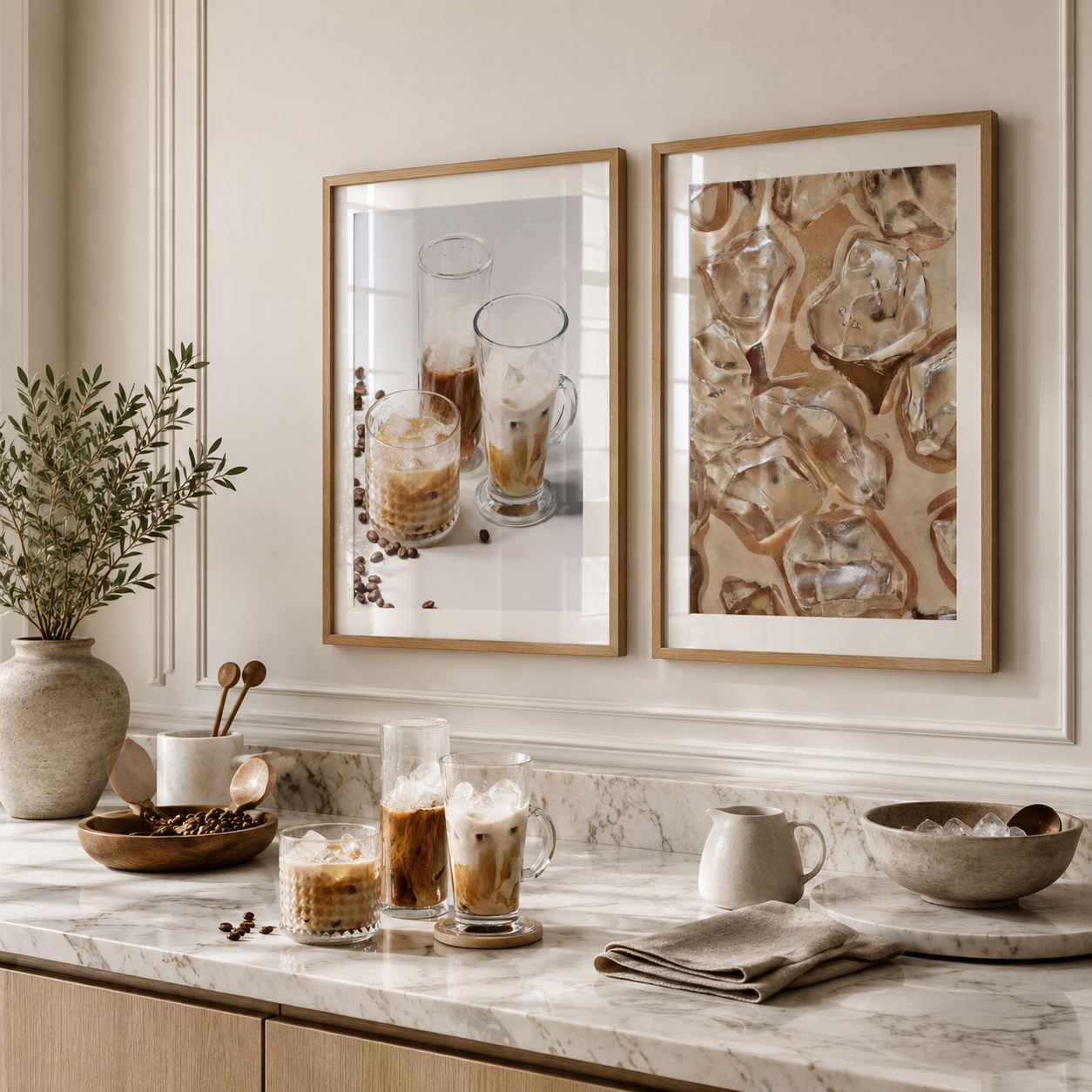 Two framed artworks on a wall above a marble countertop with coffee drinks and decor items.