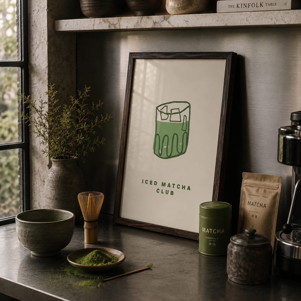 Matcha tea setup with a framed print, bowl, whisk, and containers on a wooden surface.