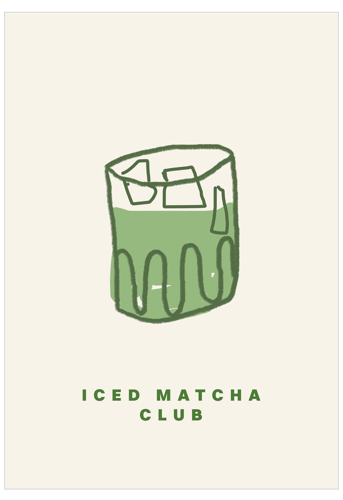Illustration of a glass with iced matcha and text 'ICED MATCHA CLUB' on a white background
