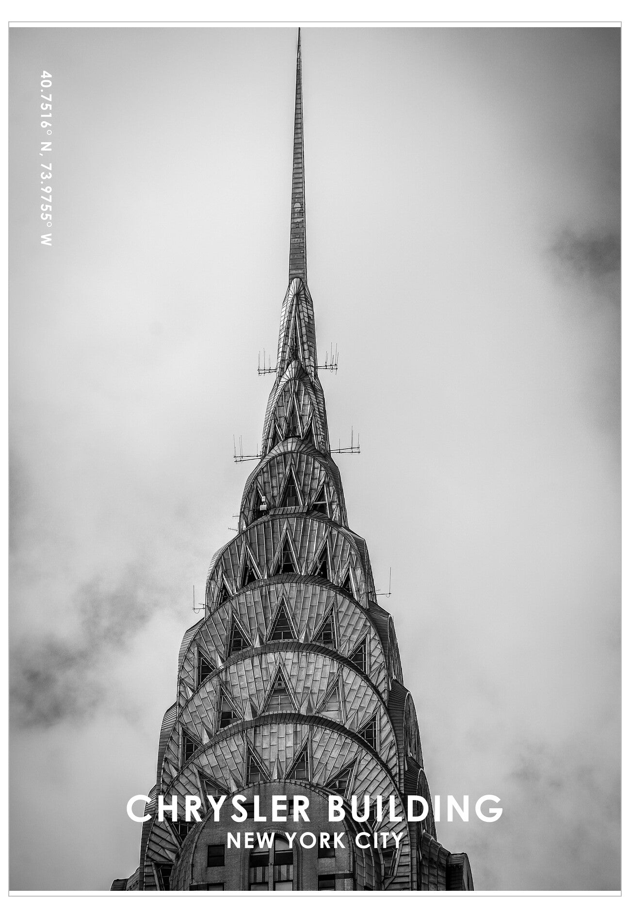 Black and white photo of the Chrysler Building with text overlay
