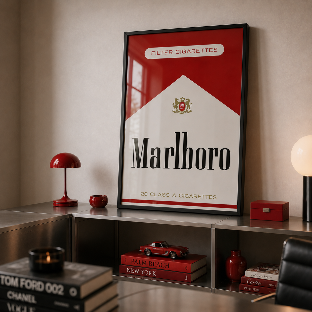 Framed Marlboro cigarette pack on a shelf with decorative items
