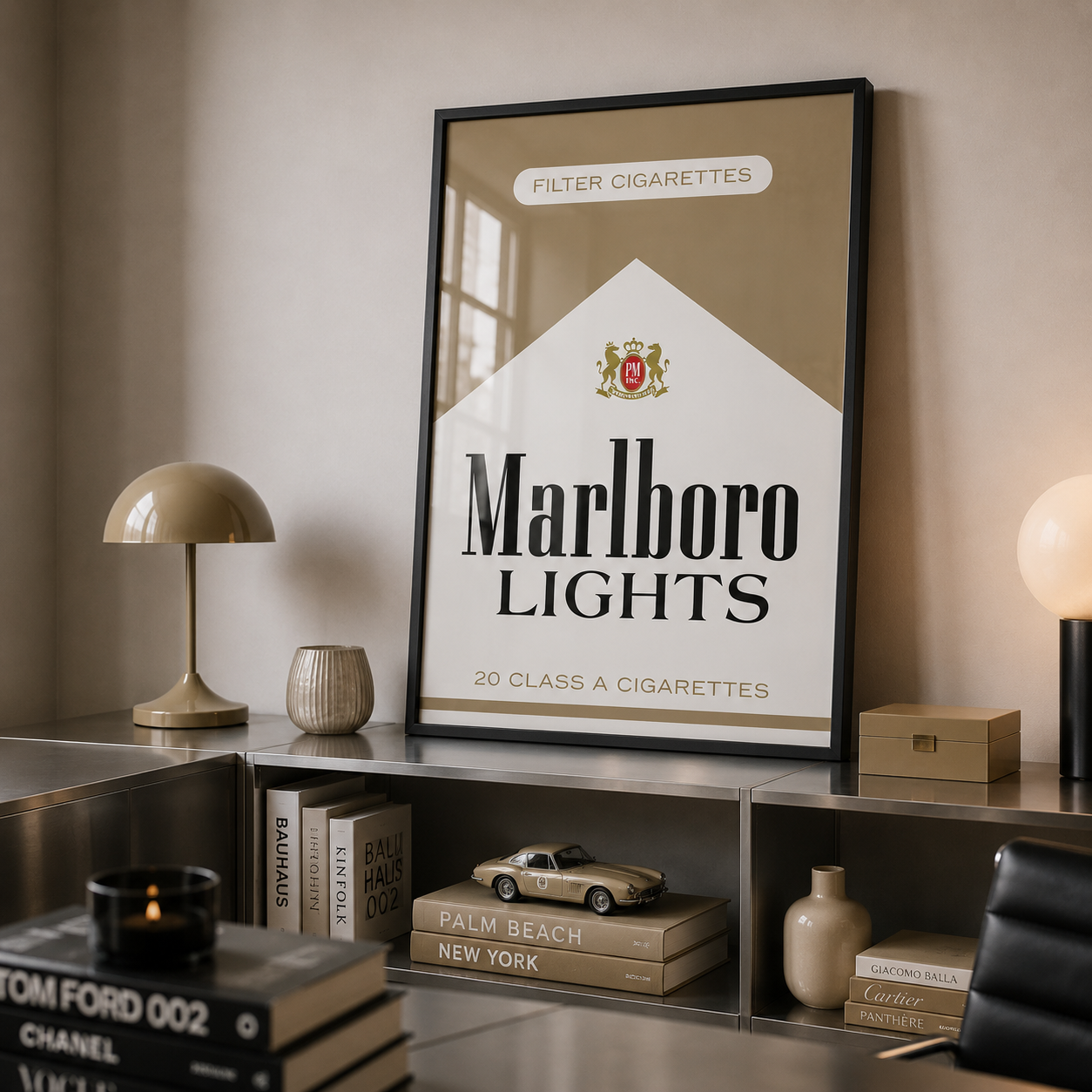 Framed Marlboro Lights cigarette pack on a shelf with decorative items