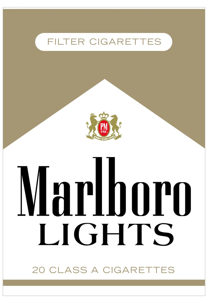 Marlboro Lights cigarette pack with brand logo and text on a beige and white background