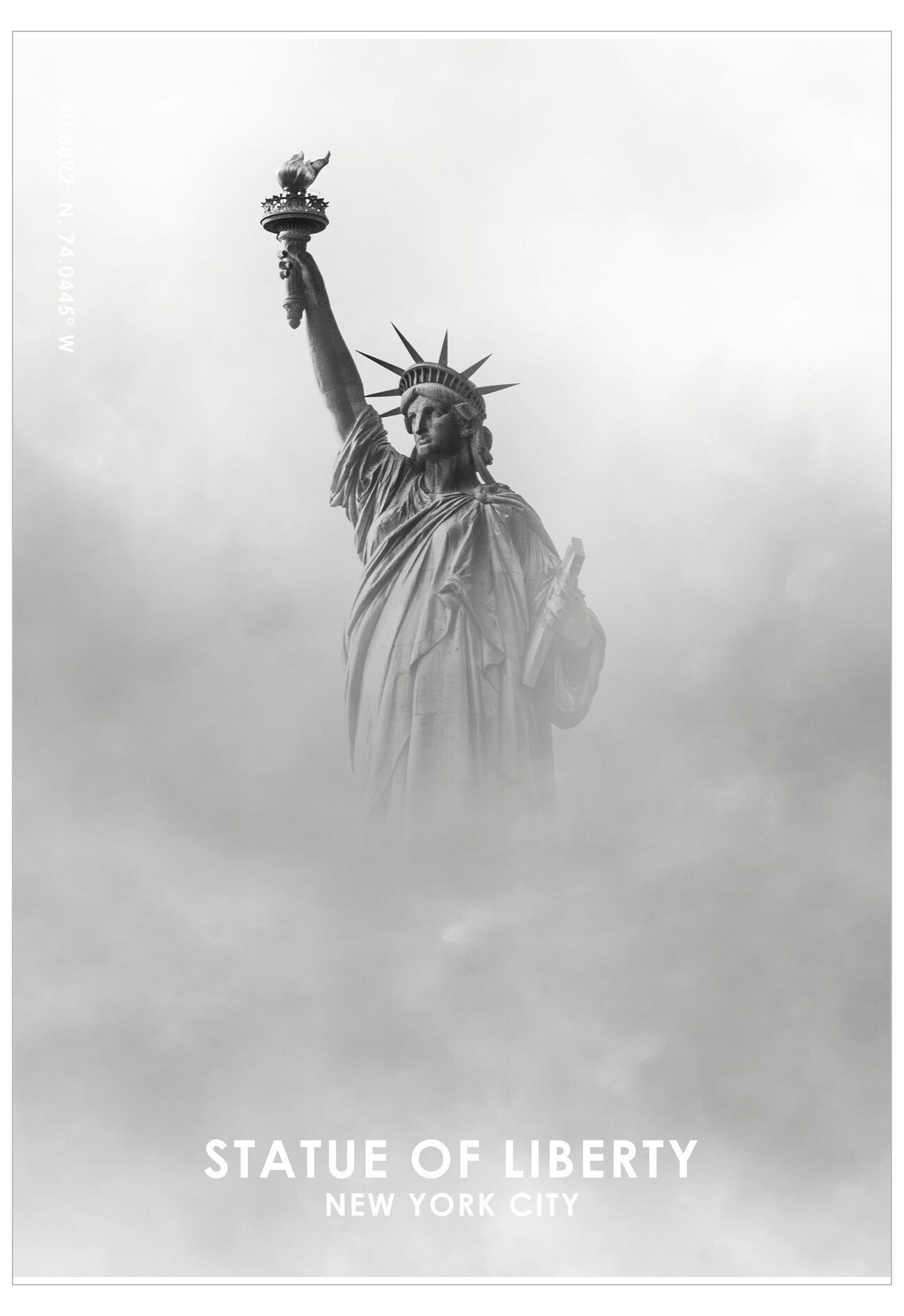 Black and white image of the Statue of Liberty with a cloudy sky.