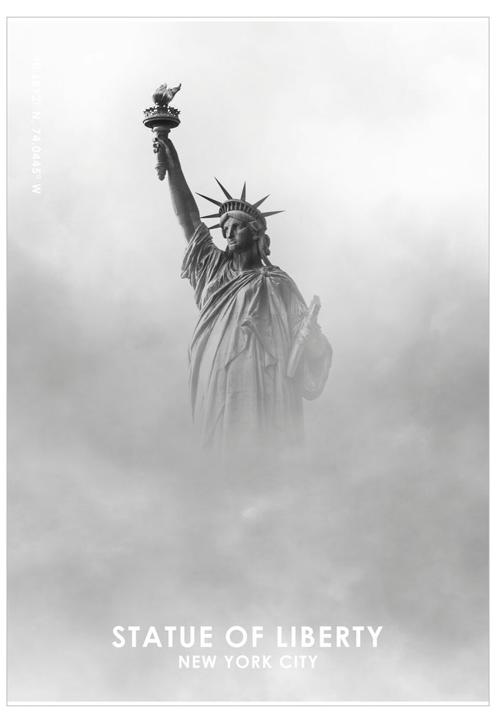 Black and white image of the Statue of Liberty with a cloudy sky.